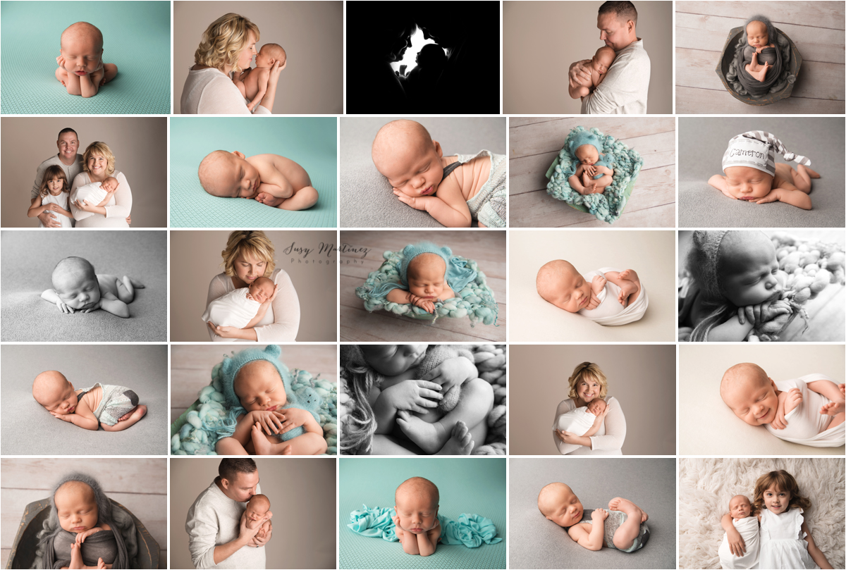 Full Newborn session vs. mini newborn session. Example of a baby boy in aqua blue, gray and cream