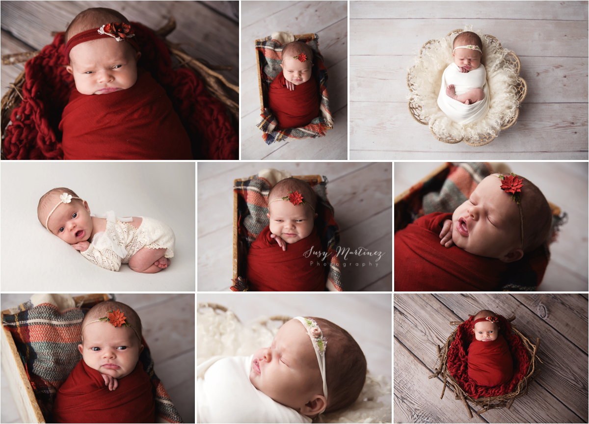 Full Newborn session vs. mini newborn session. Example of an awake baby girl in red and cream