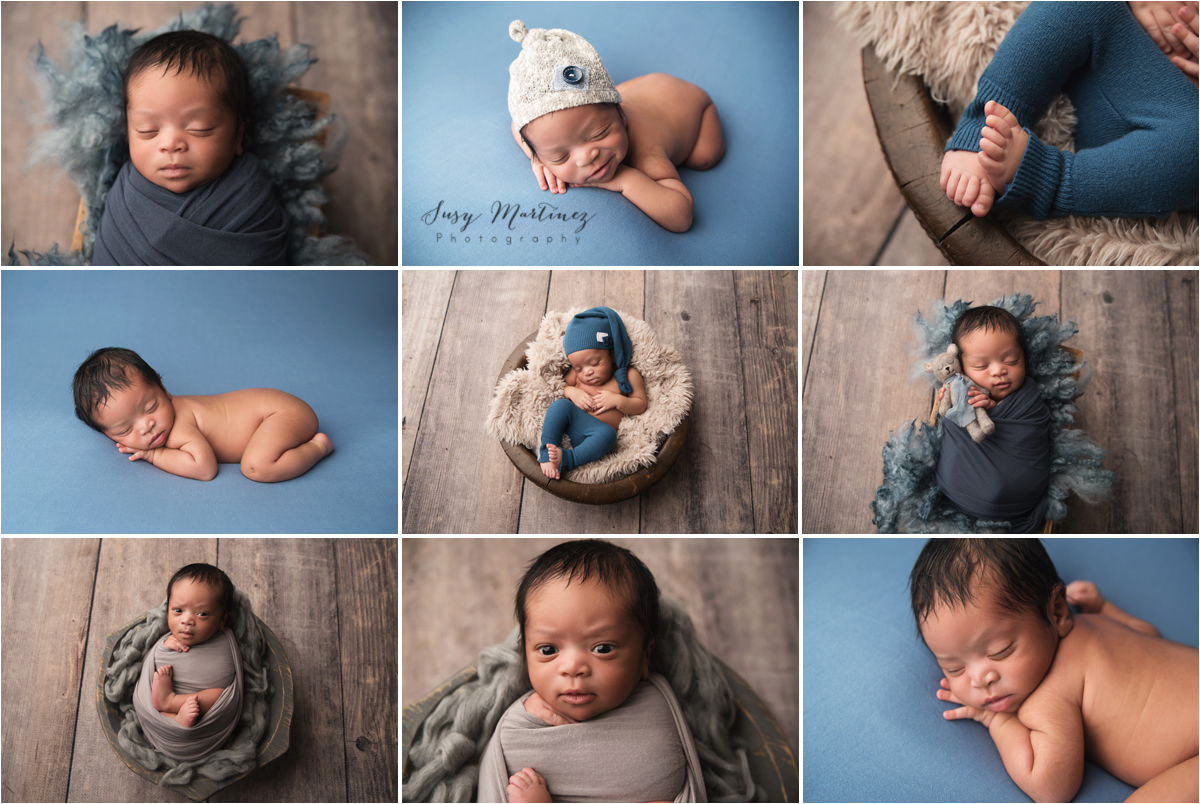 Full Newborn session vs. mini newborn session. Example of a baby boy in blue