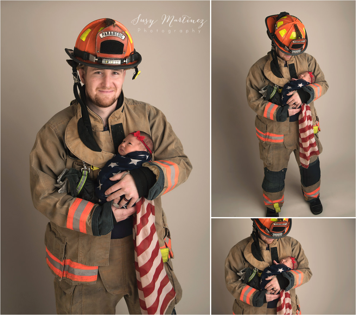 fireman and baby girl photographed by Las Vegas newborn photographer Susy Martinez Photography