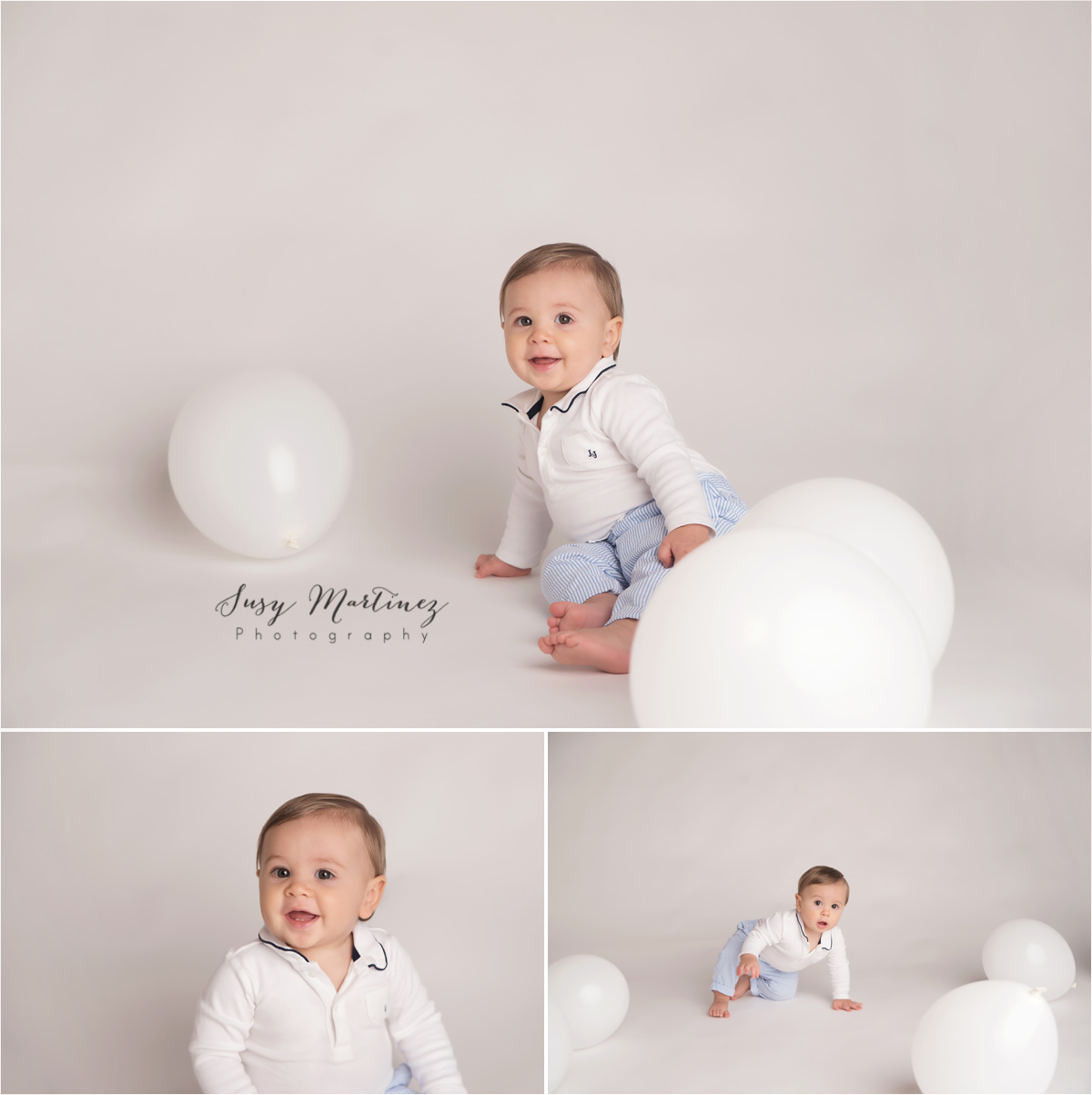 one year old with white balloons photographed by Las Vegas baby photographer Susy Martinez Photography