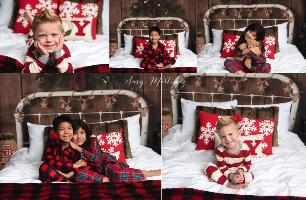 fun holiday mini sessions on bed with siblings photographed by Susy Martinez Photography