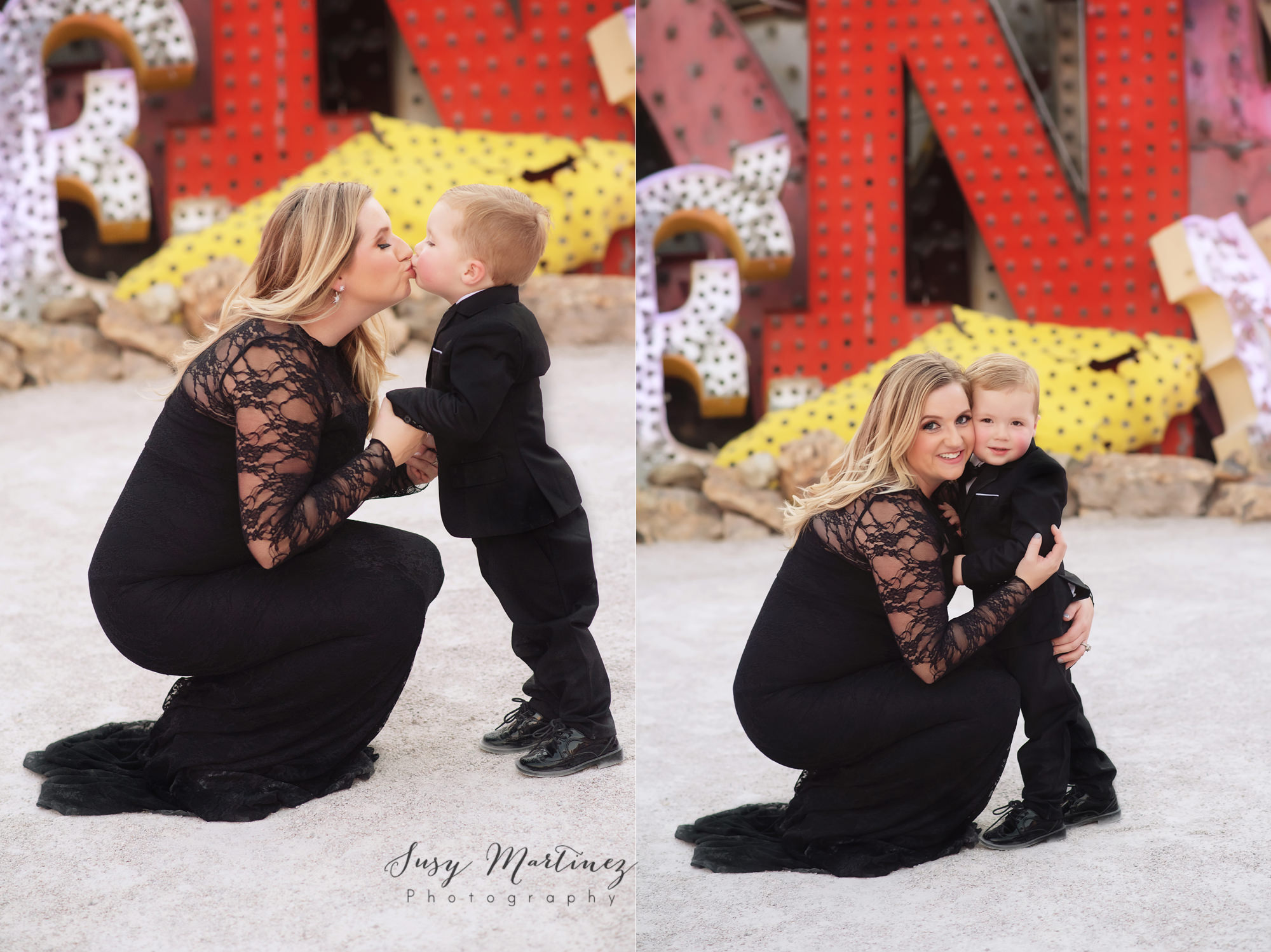 mom and toddler in a tux pose for Susy Martinez Photography