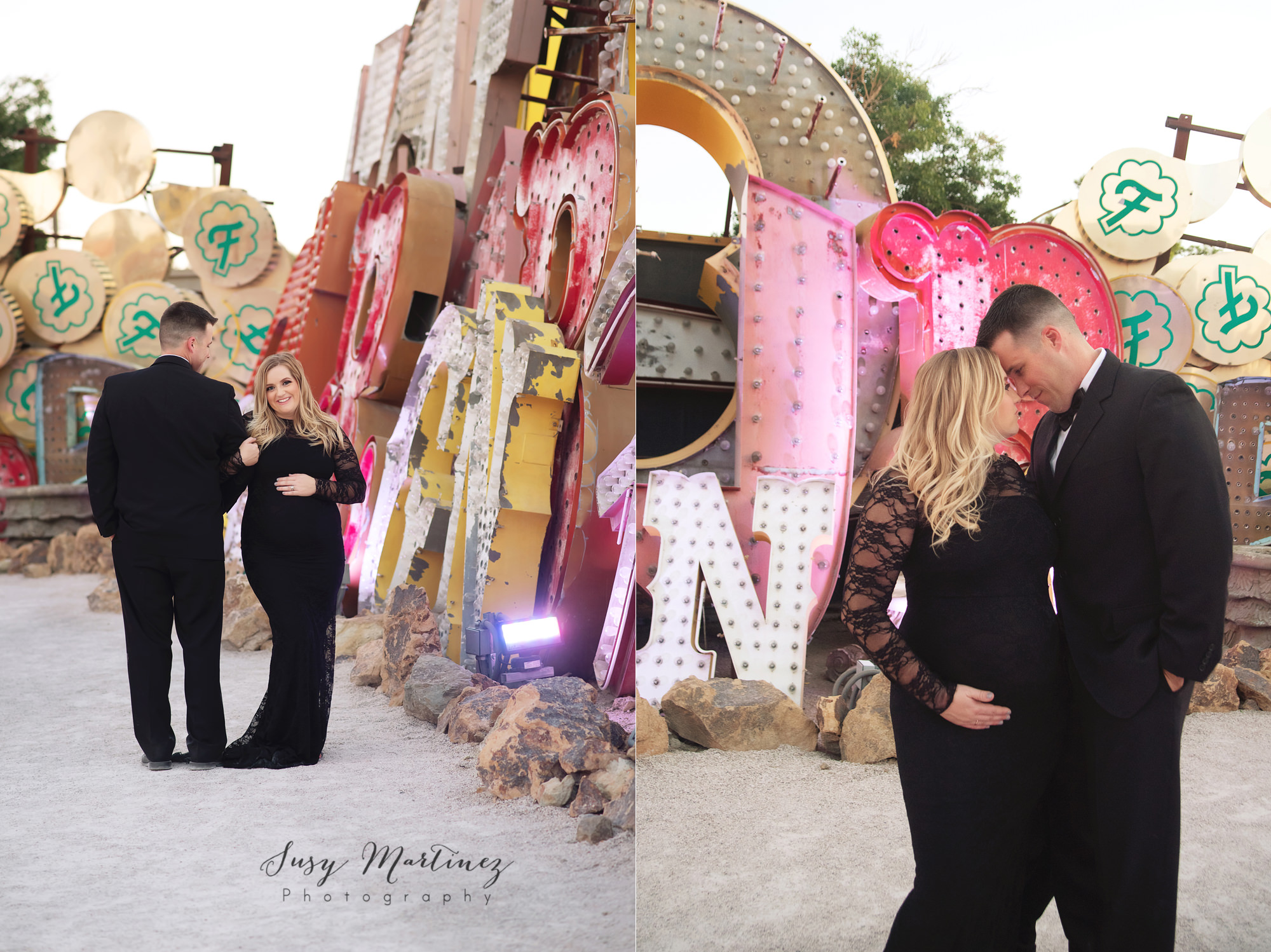 couple expecting baby poses at Neon Boneyard with Susy Martinez Photography