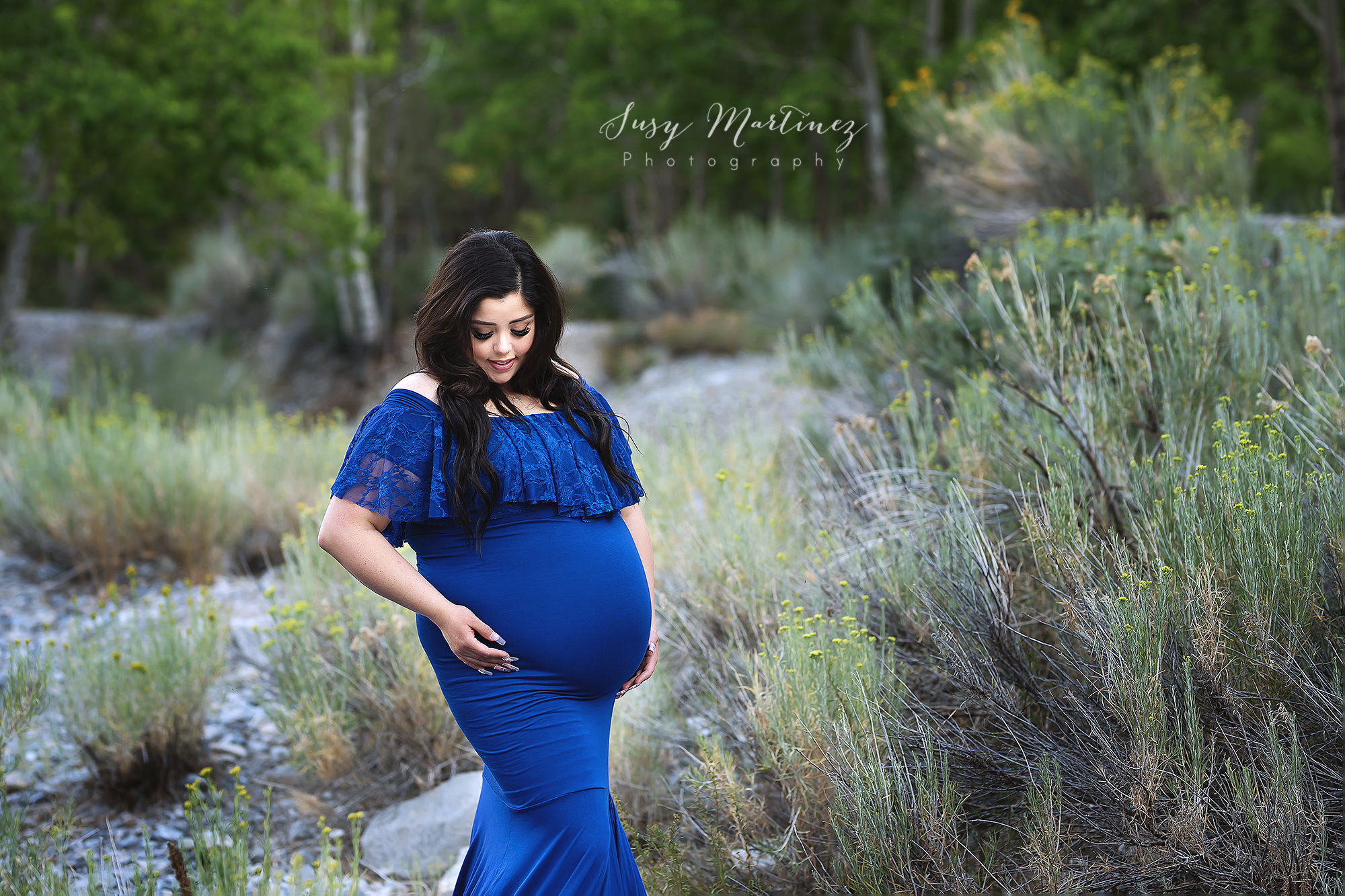 Alyssa - Royal Blue - XL Sew Trendy Accessories gown on mom in mountains