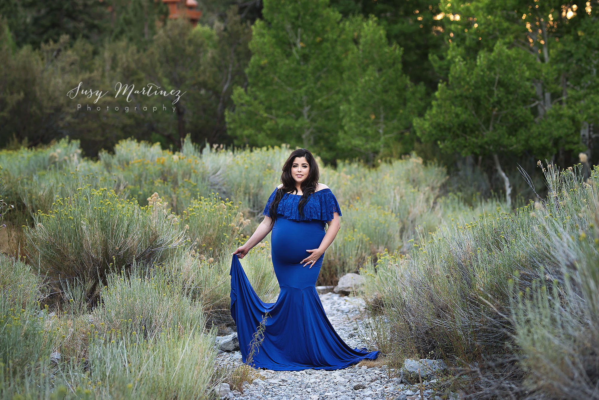 mountain maternity portraits with mom in royal blue Alyssa gown from Sew Trendy Accessories 