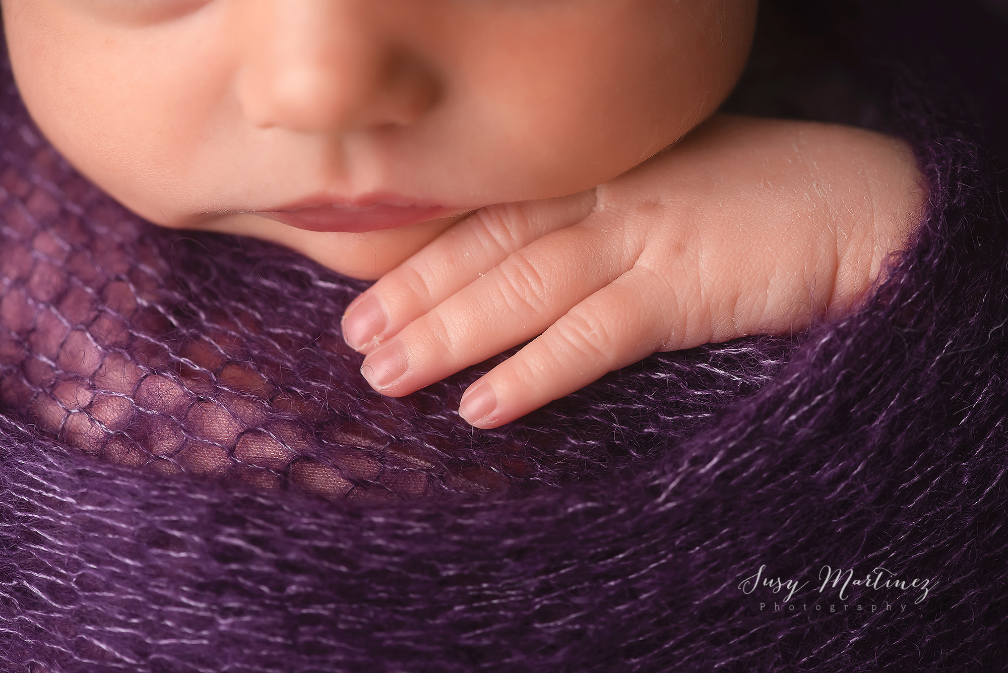 baby holds purple blanket during mini newborn photos