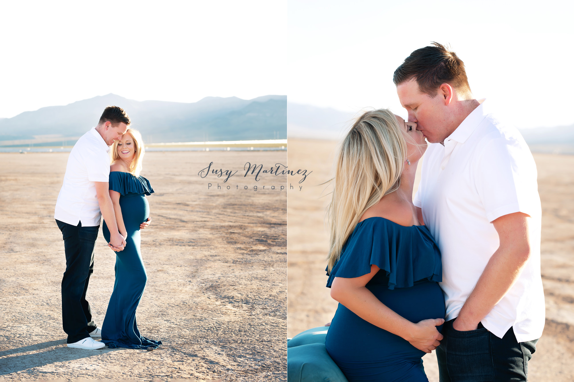 husband kisses wife during Dry Lake Bed maternity session