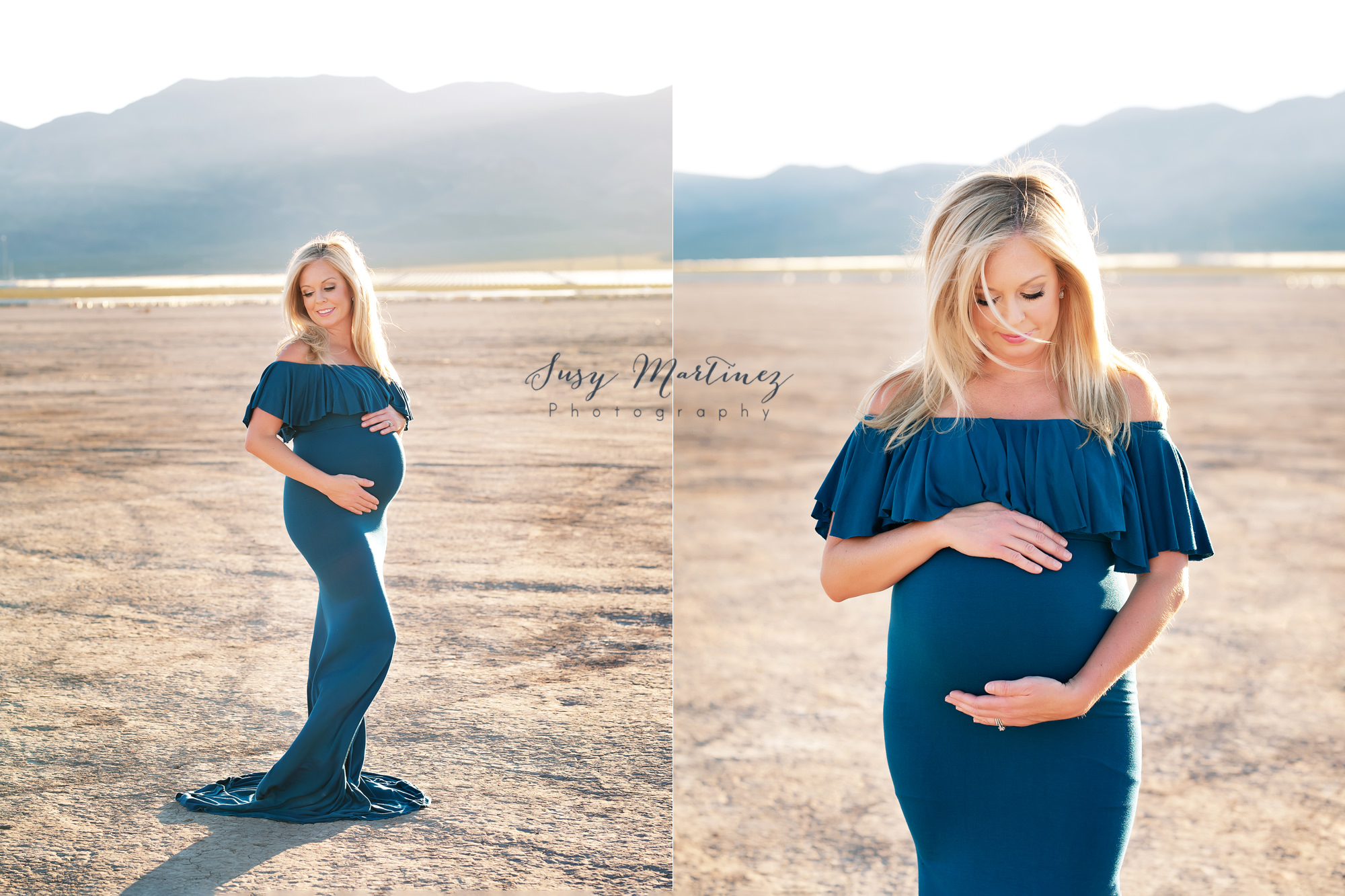 mom in navy blue maternity dress poses in dry lake bed
