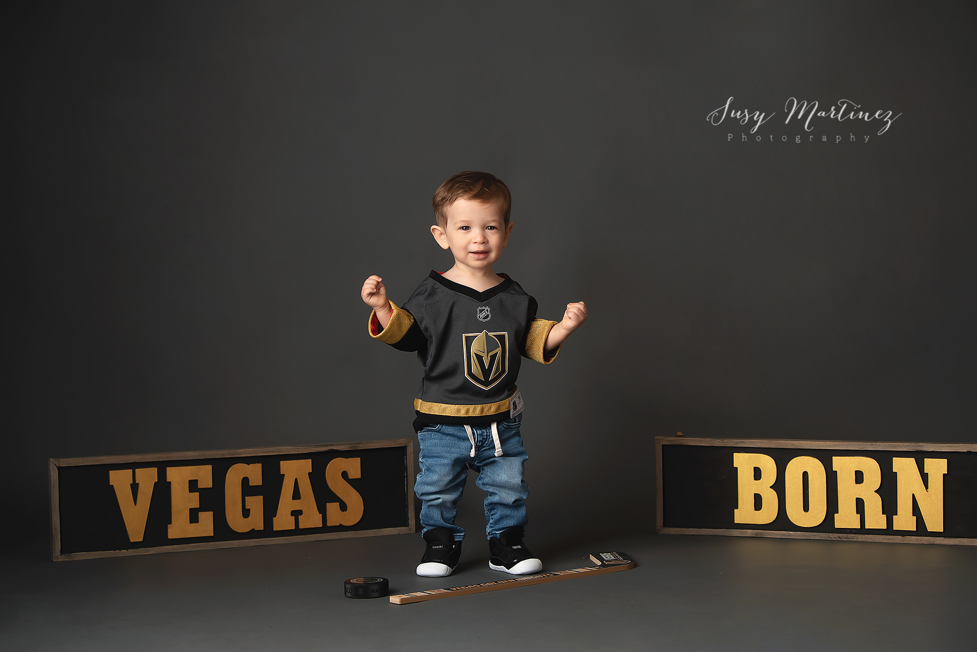 Vegas Knights hockey portraits for first birthday 