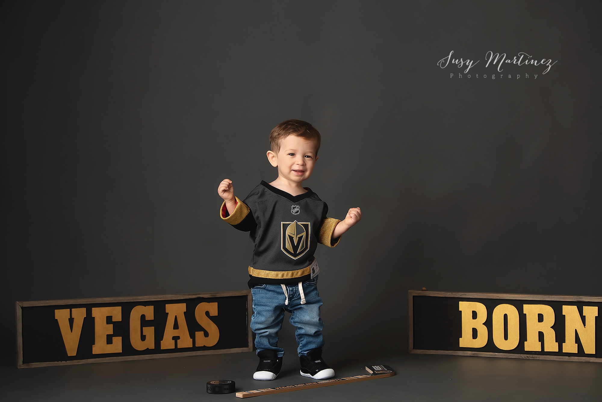 Vegas Knights hockey portraits for first birthday 