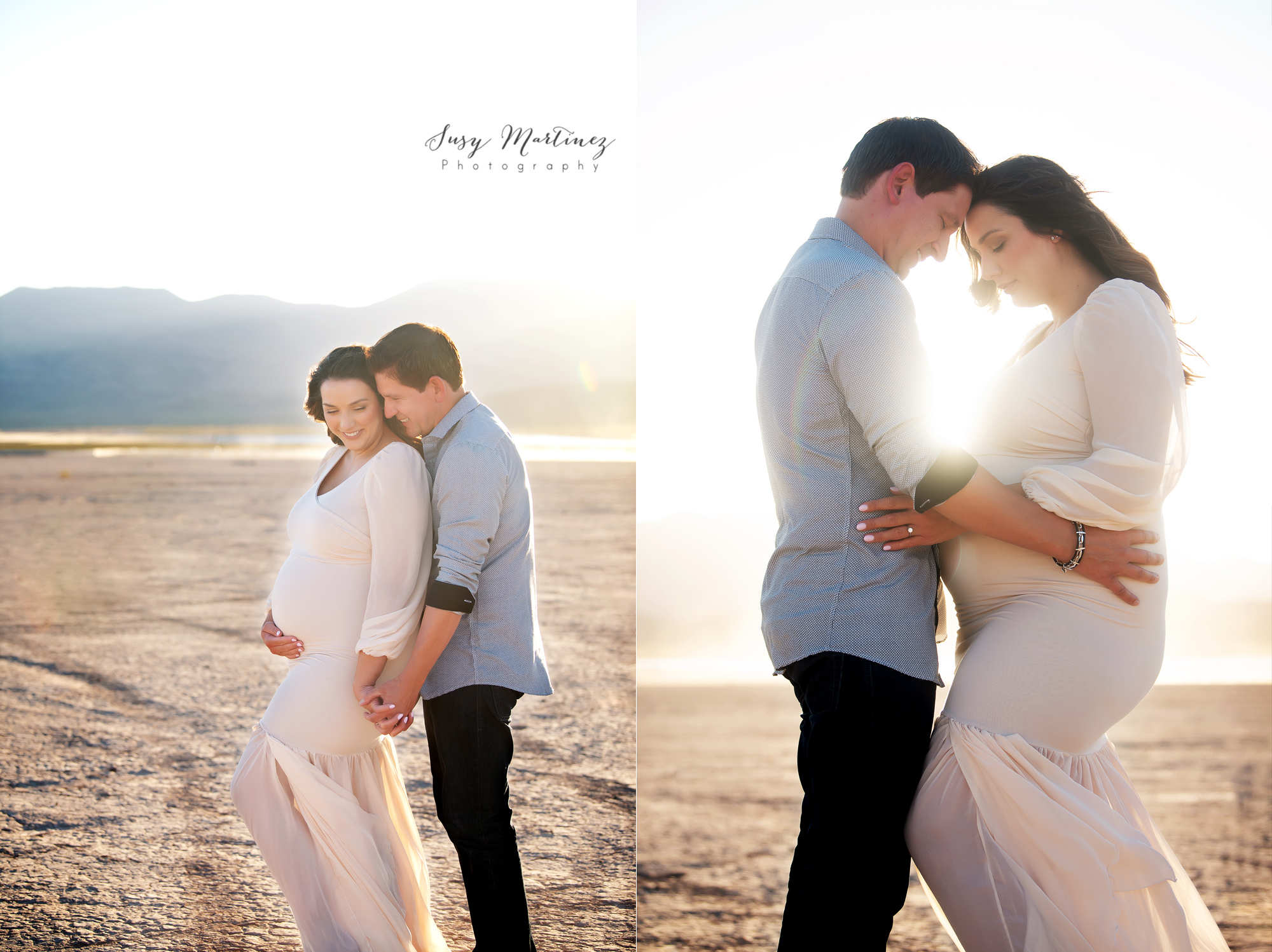 expecting parents hug during maternity session at sunset