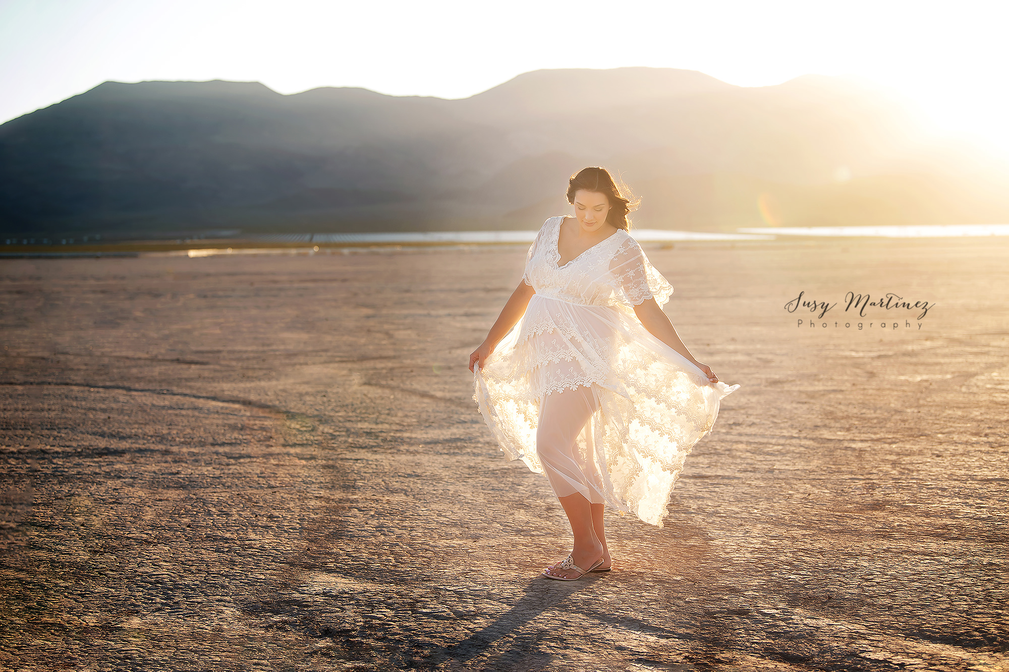 mom twirls in Sew Trendy Accessories Boho River Gown in Dry Lake Bed