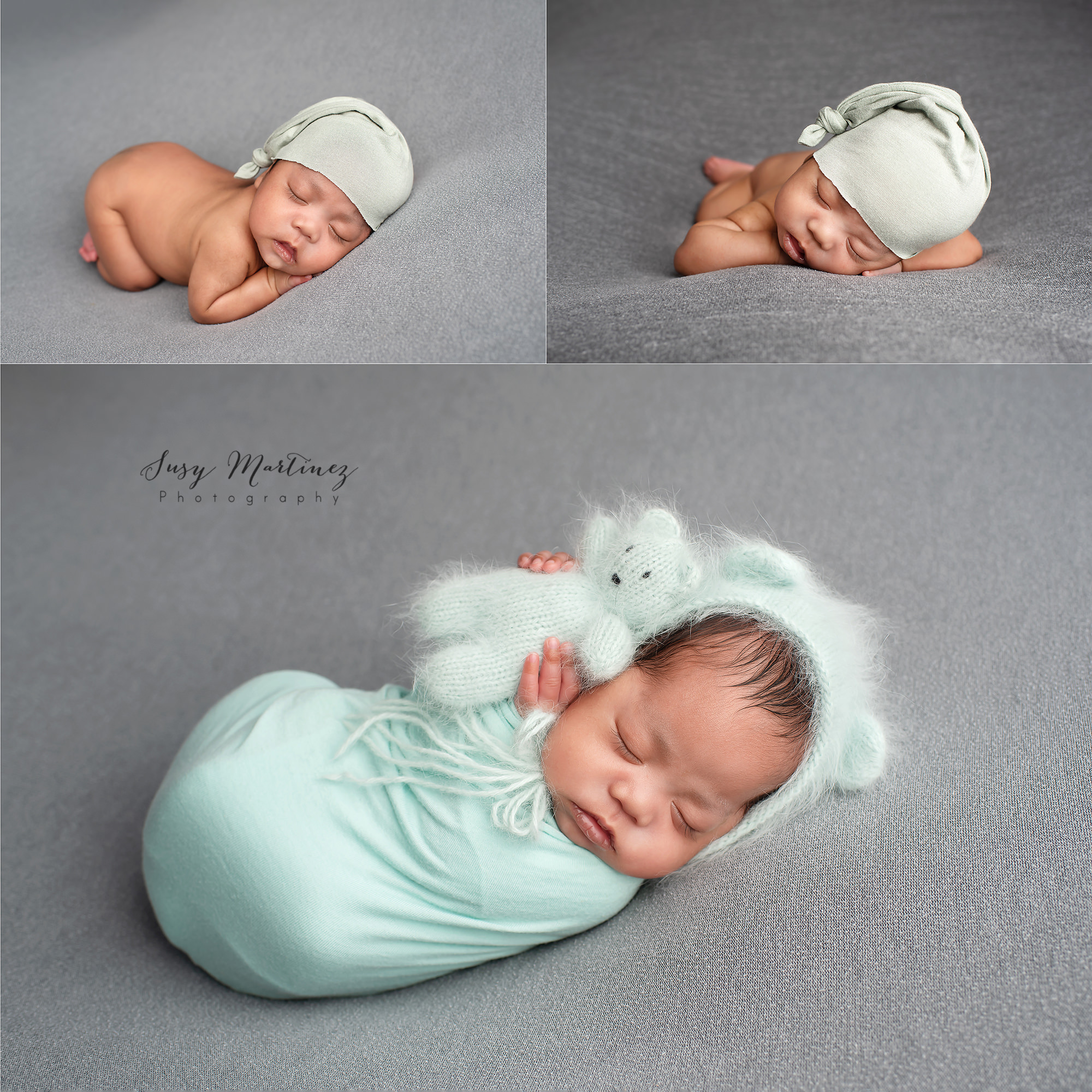 newborn baby sleeps in knit cap and holds sea foam green lovey