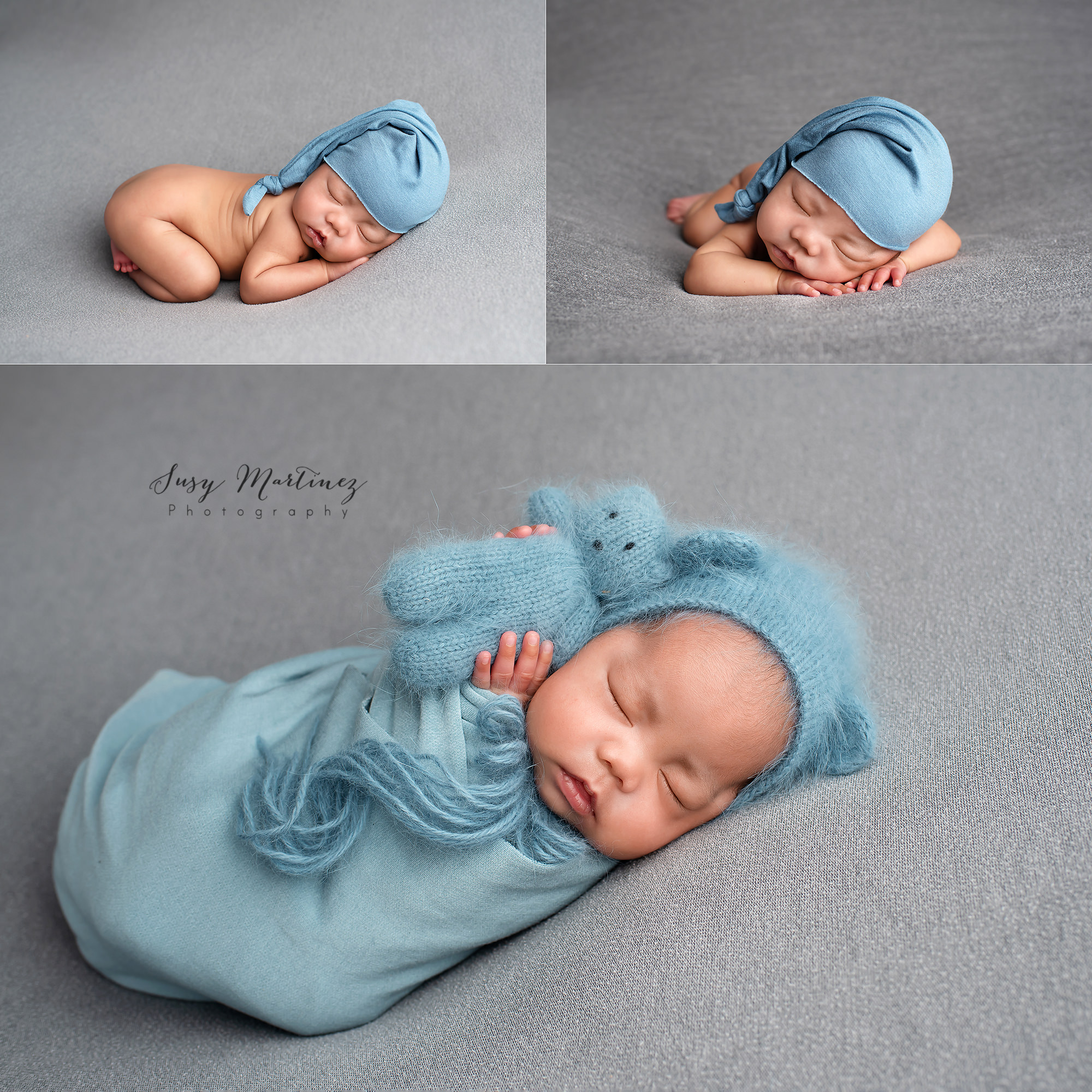baby boy sleeps in blue knit cap and holds bear lovey