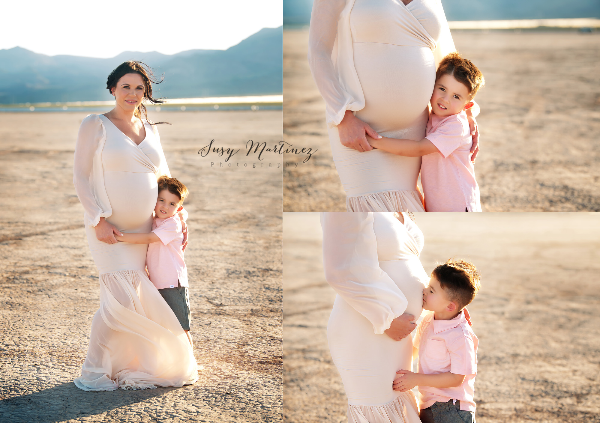 big brother kisses mom's belly during Dry Lake Bed Maternity Photos