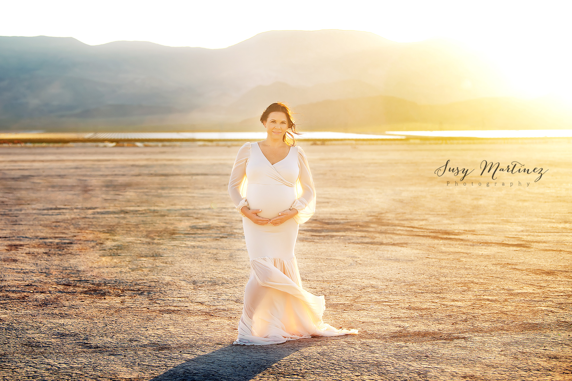 Dry Lake Bed Maternity Photos at sunset with Sew Trendy Accessories