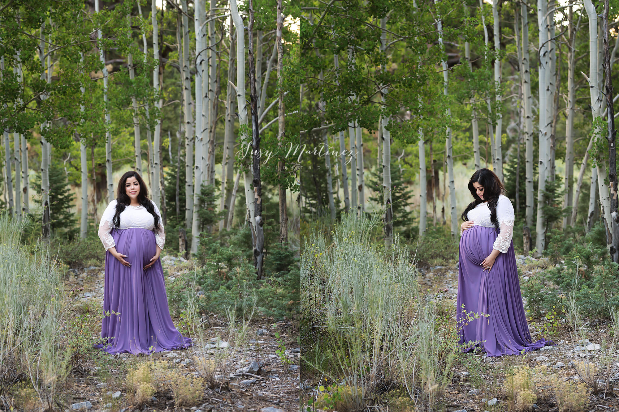Las Vegas maternity portraits of mom in lace top and purple gown