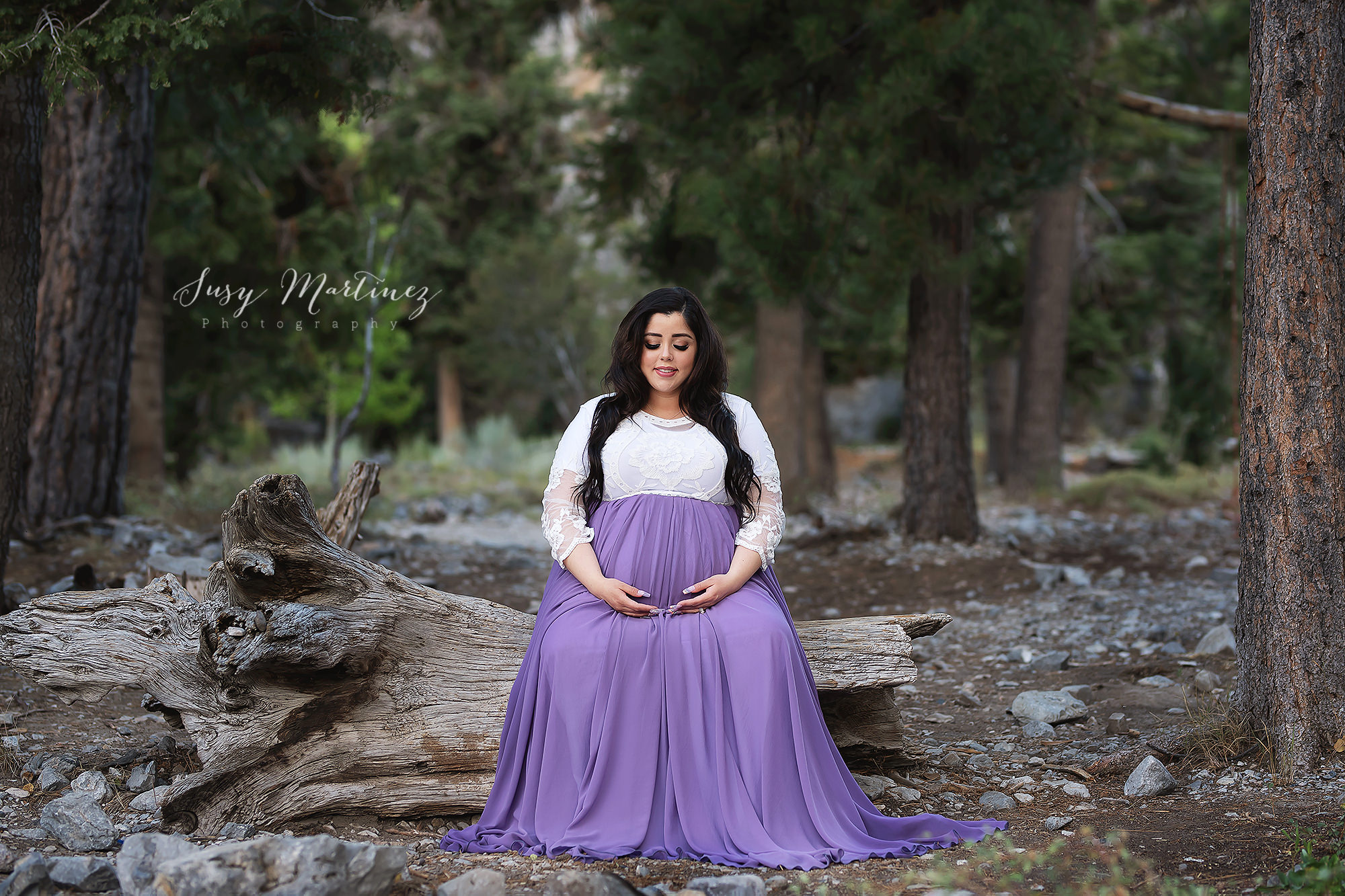 mom sits on log holding baby belly during mountain maternity portraits