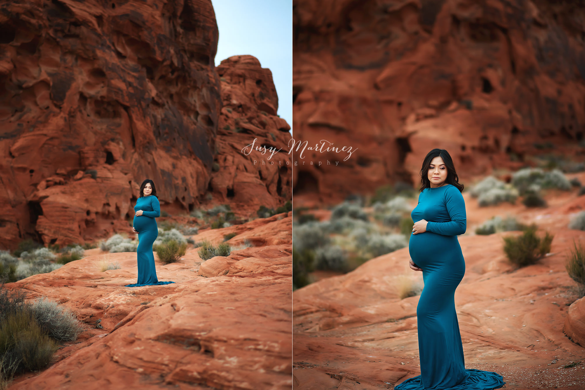 Valley of Fire maternity portraits of mom in teal Sew Trendy Accessories gown