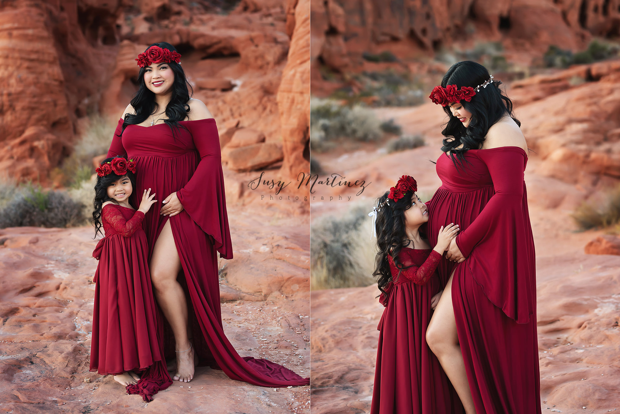 mom in red gown and flower crown poses with daughter during Valley of Fire Maternity Session