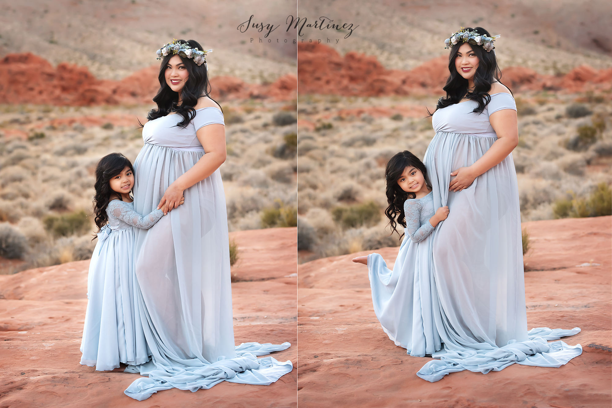 mom and daughter pose together in matching light blue gowns during Valley of Fire Maternity Session