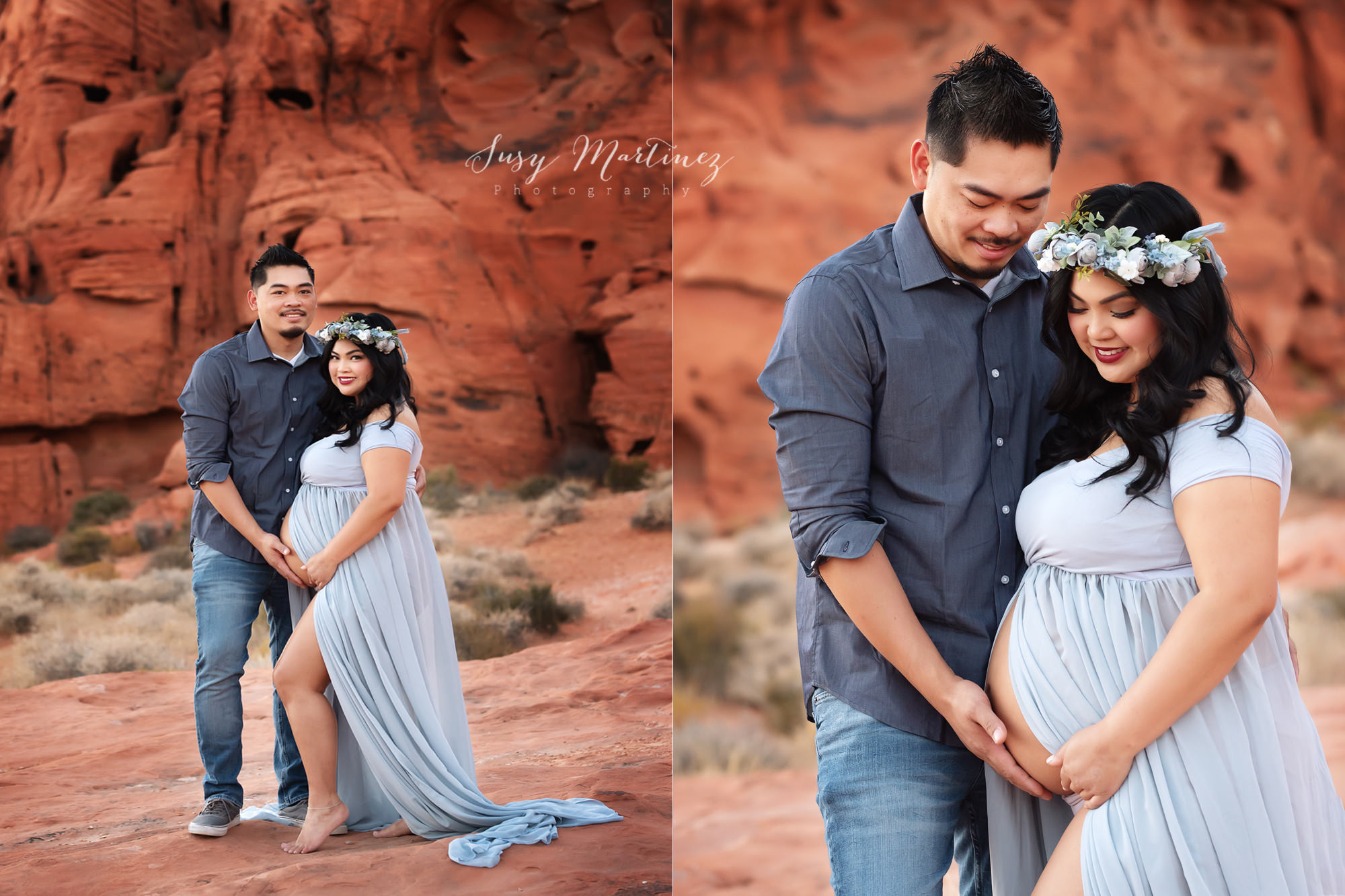 husband and wife look at mom's belly during Valley of Fire Maternity Session