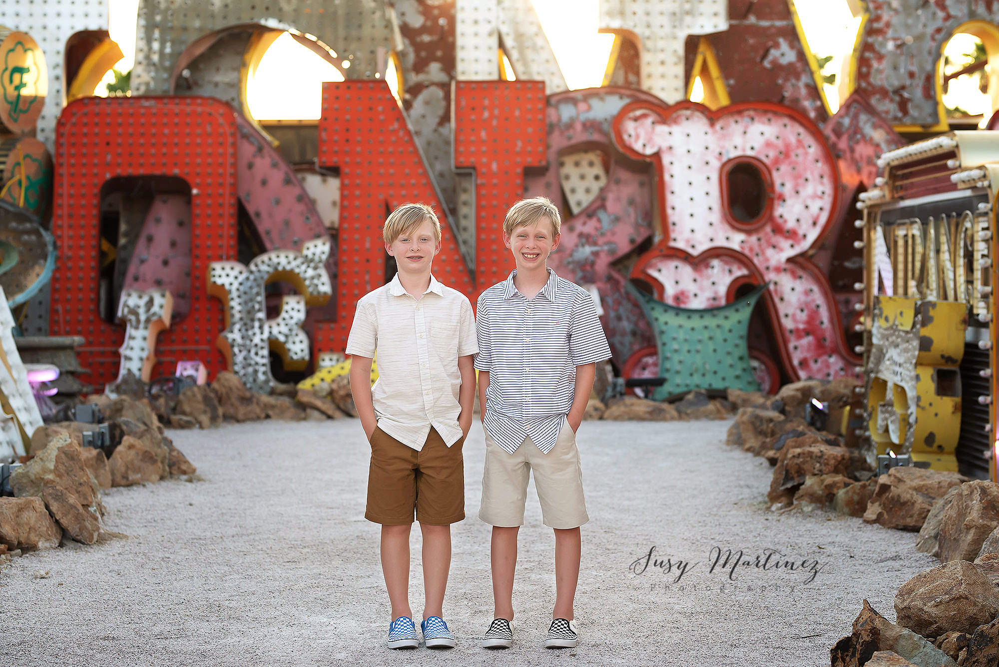 twin brothers pose during Neon Boneyard Family Portraits