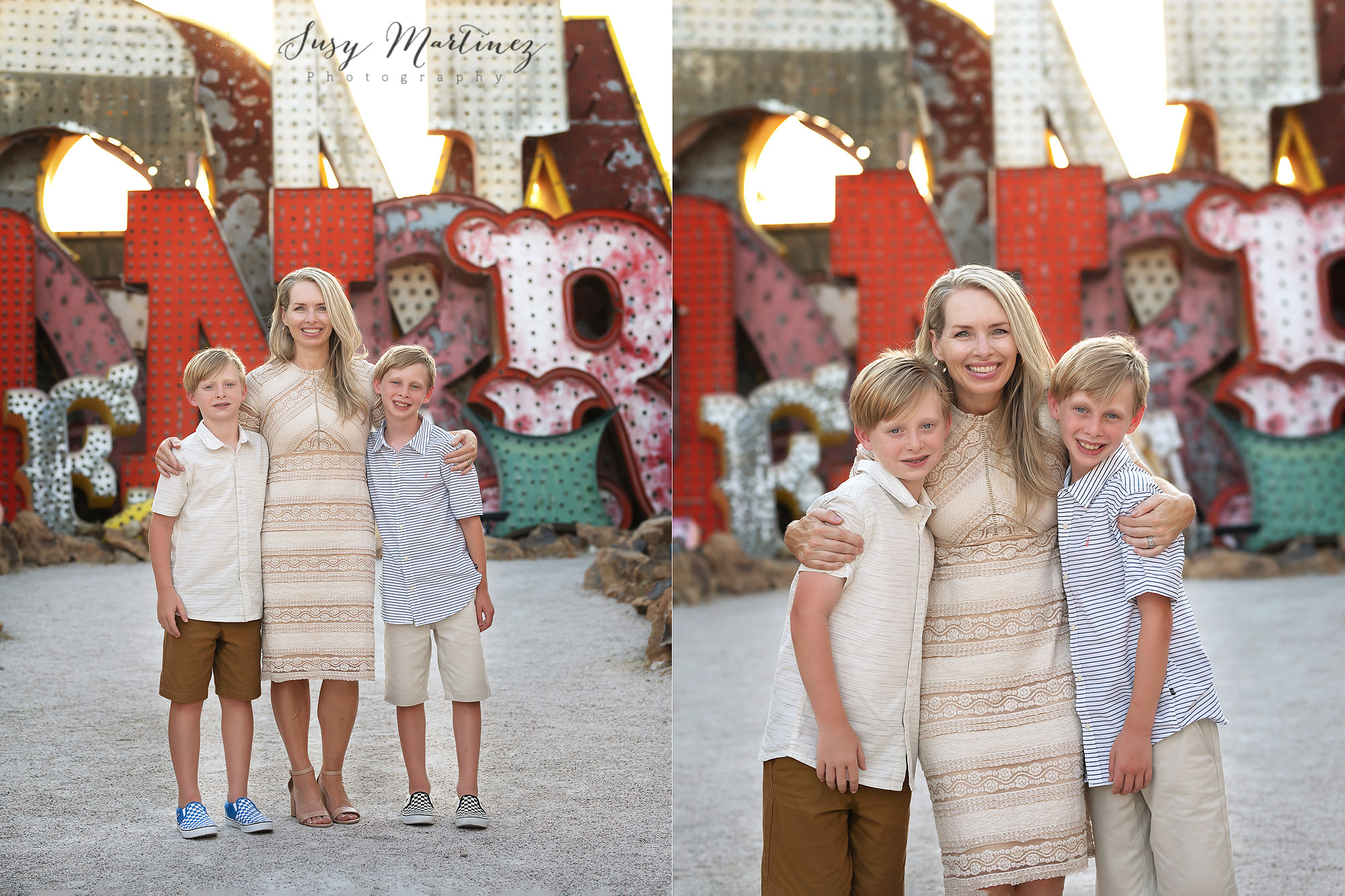 mom in tan dress holds twin boys during Neon Boneyard Family Portraits