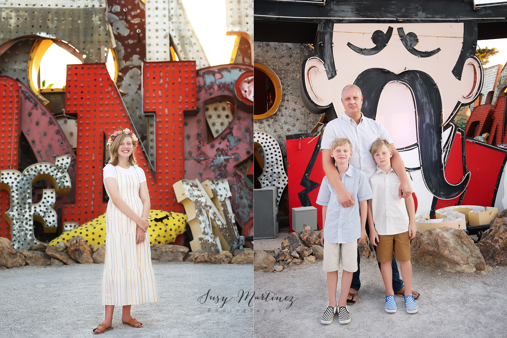 family poses in front of retired neon signs in Neon Boneyard