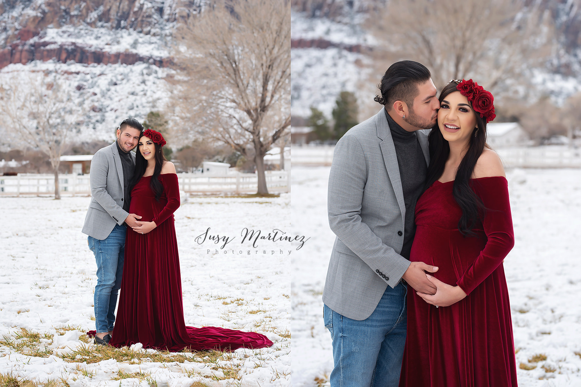 snowy Spring Mountain Ranch Maternity Session with mom in burgundy Sew Trendy Accessories gown