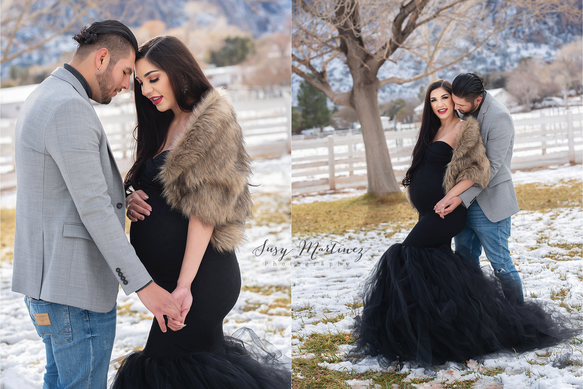 couple holds hands during Spring Mountain Ranch maternity portraits in the snow