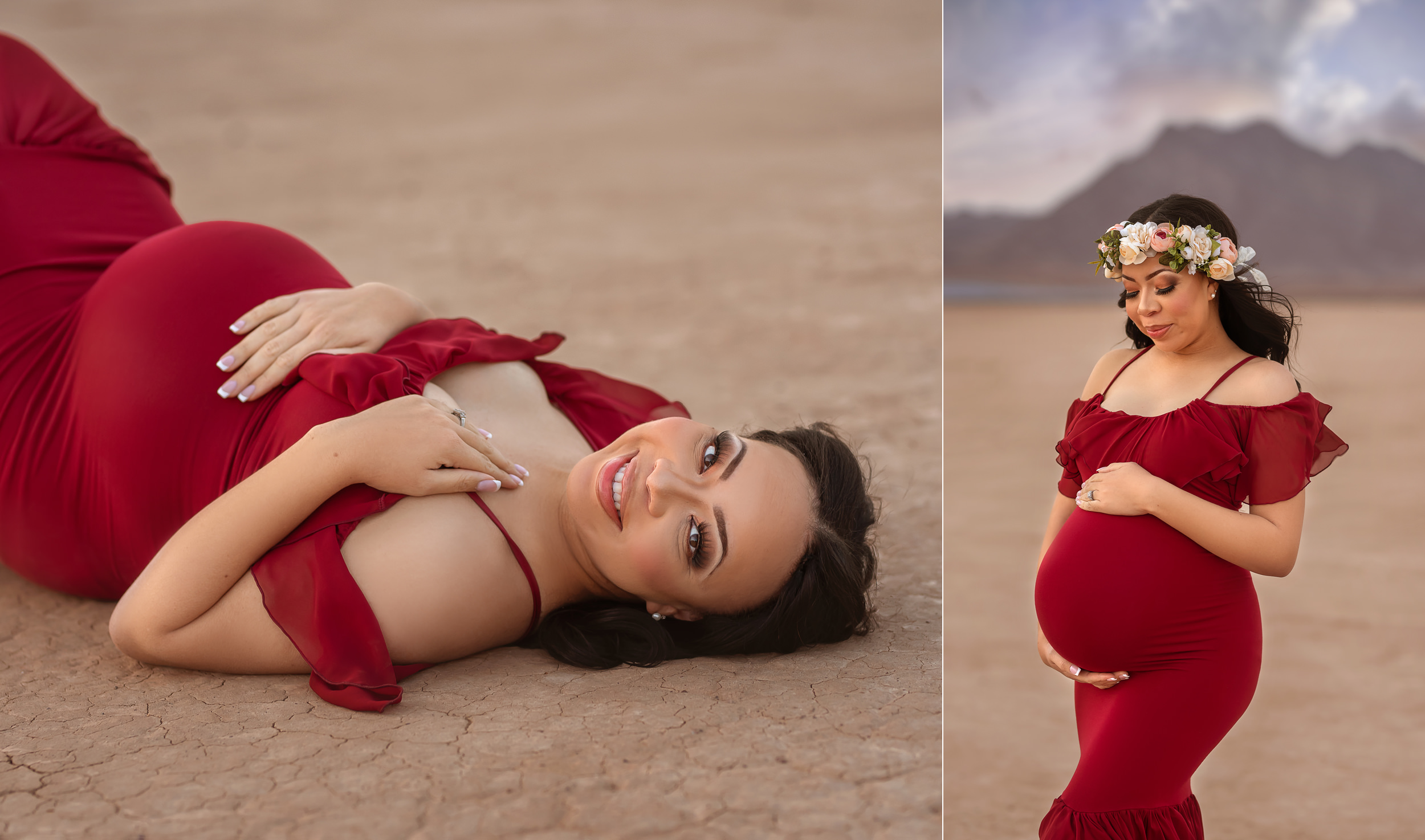 twin mom lays on dry lake bed in red maternity gown