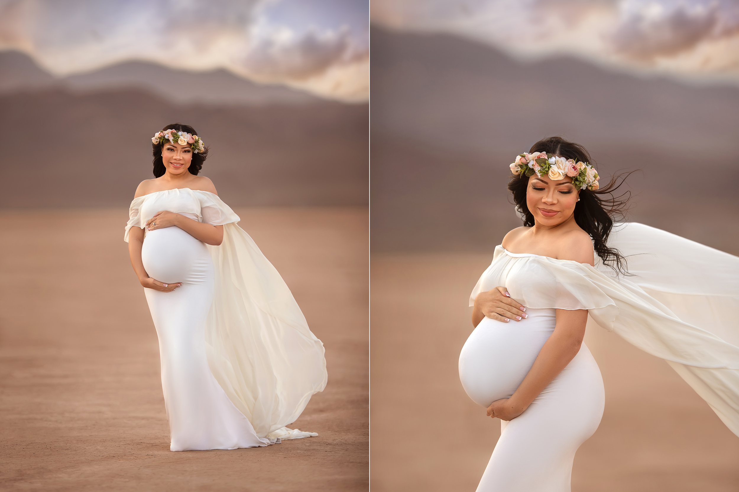 mother in ivory gown holds belly with flower crown on head during Dry Lake Bed maternity session