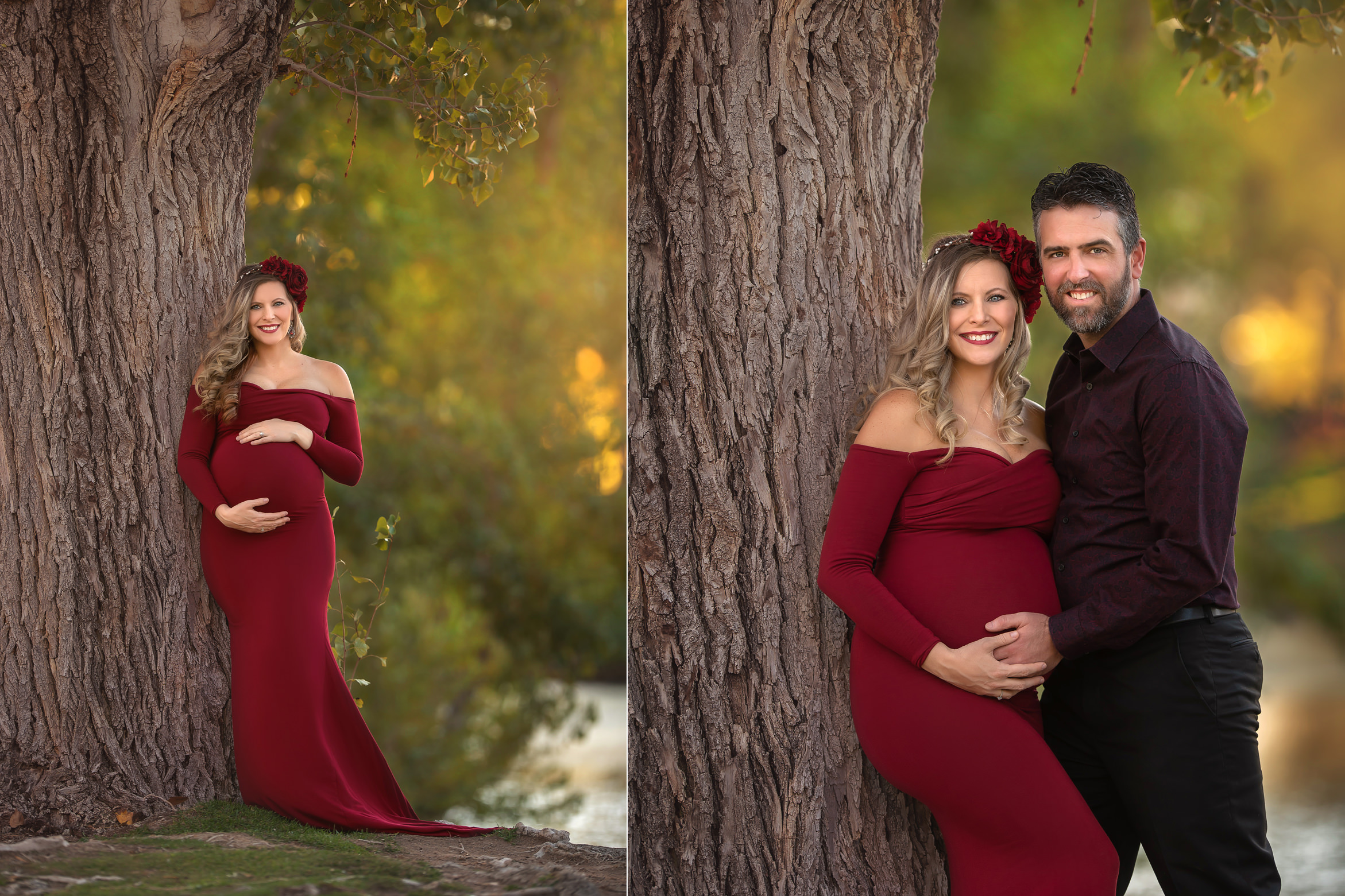 expecting mom holds belly while leaning against tree during Floyd Lamb Park with husband