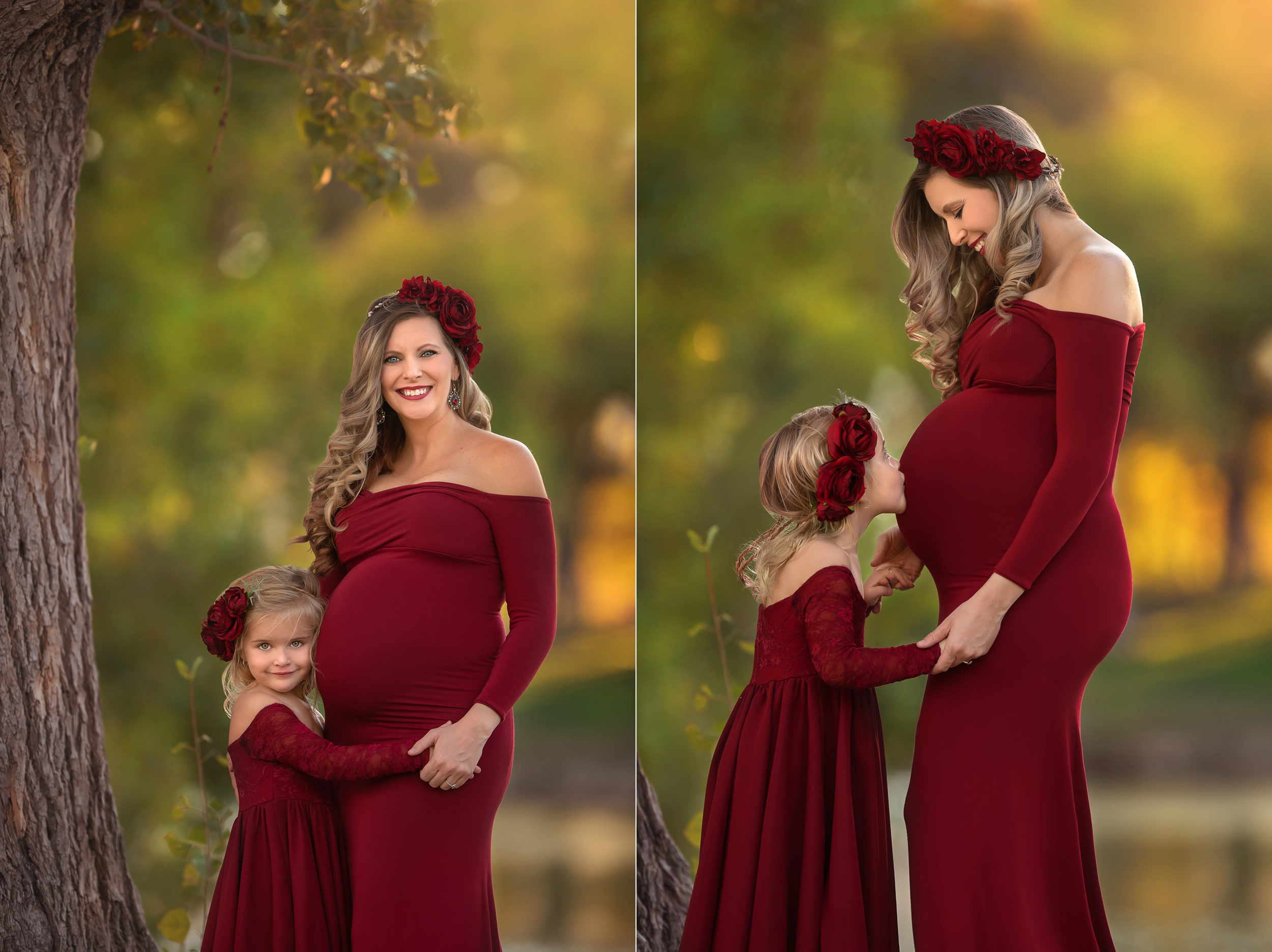 mom and daughter poses in matching Sew Trendy Accessories gowns during family photos at Floyd Lamb Park