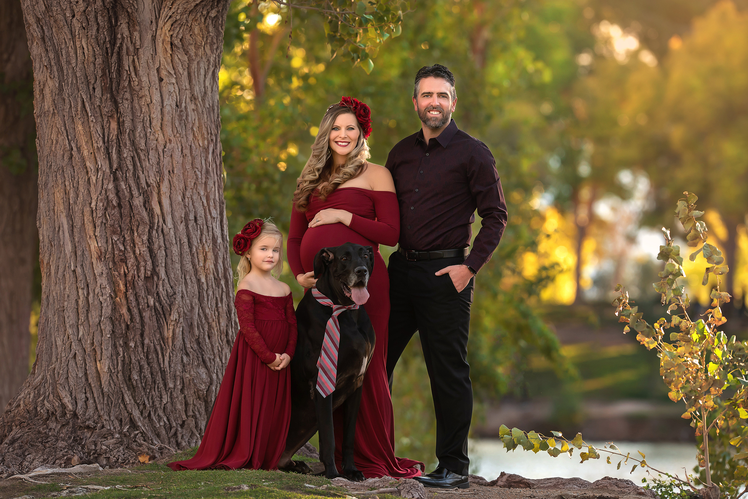family poses with dog during Floyd Lamb Park maternity portraits 