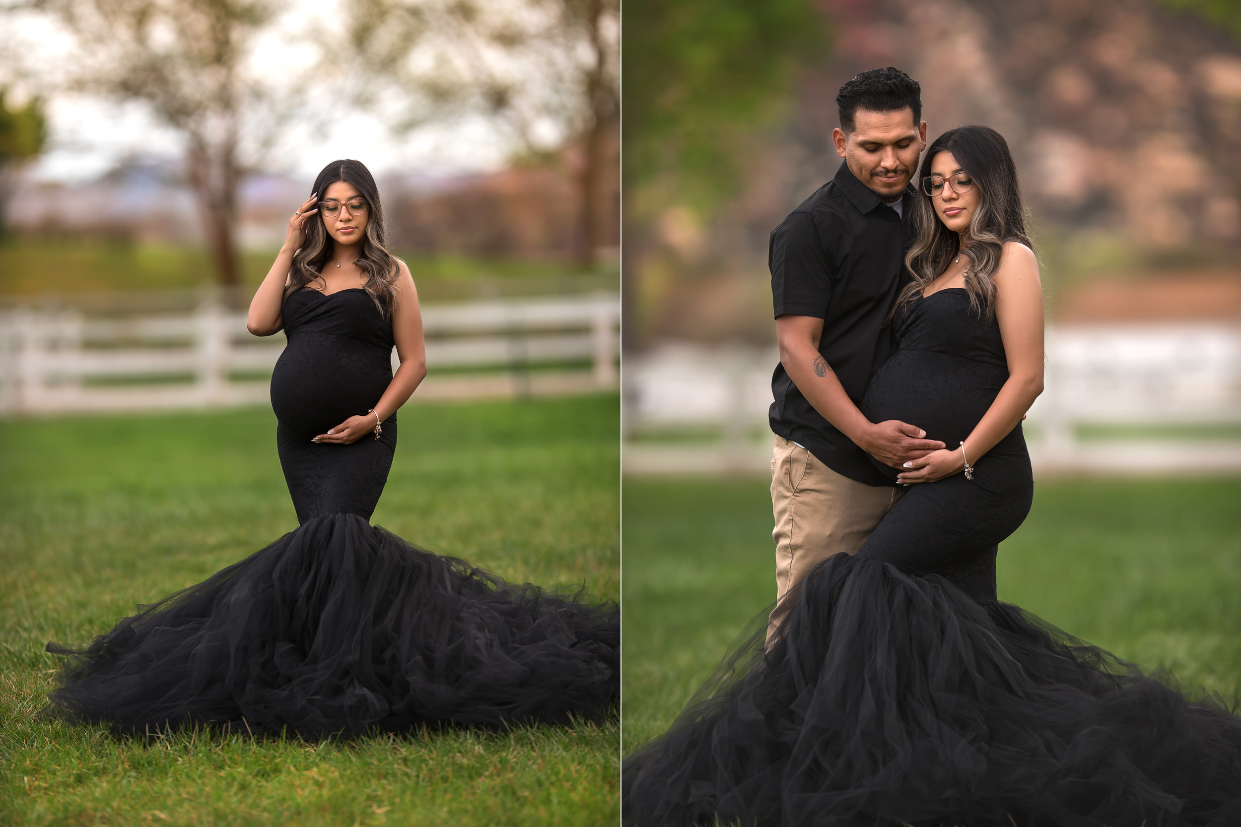 mother hold baby belly in tight black dress with mermaid bottom during Spring Mountain Ranch Maternity Session