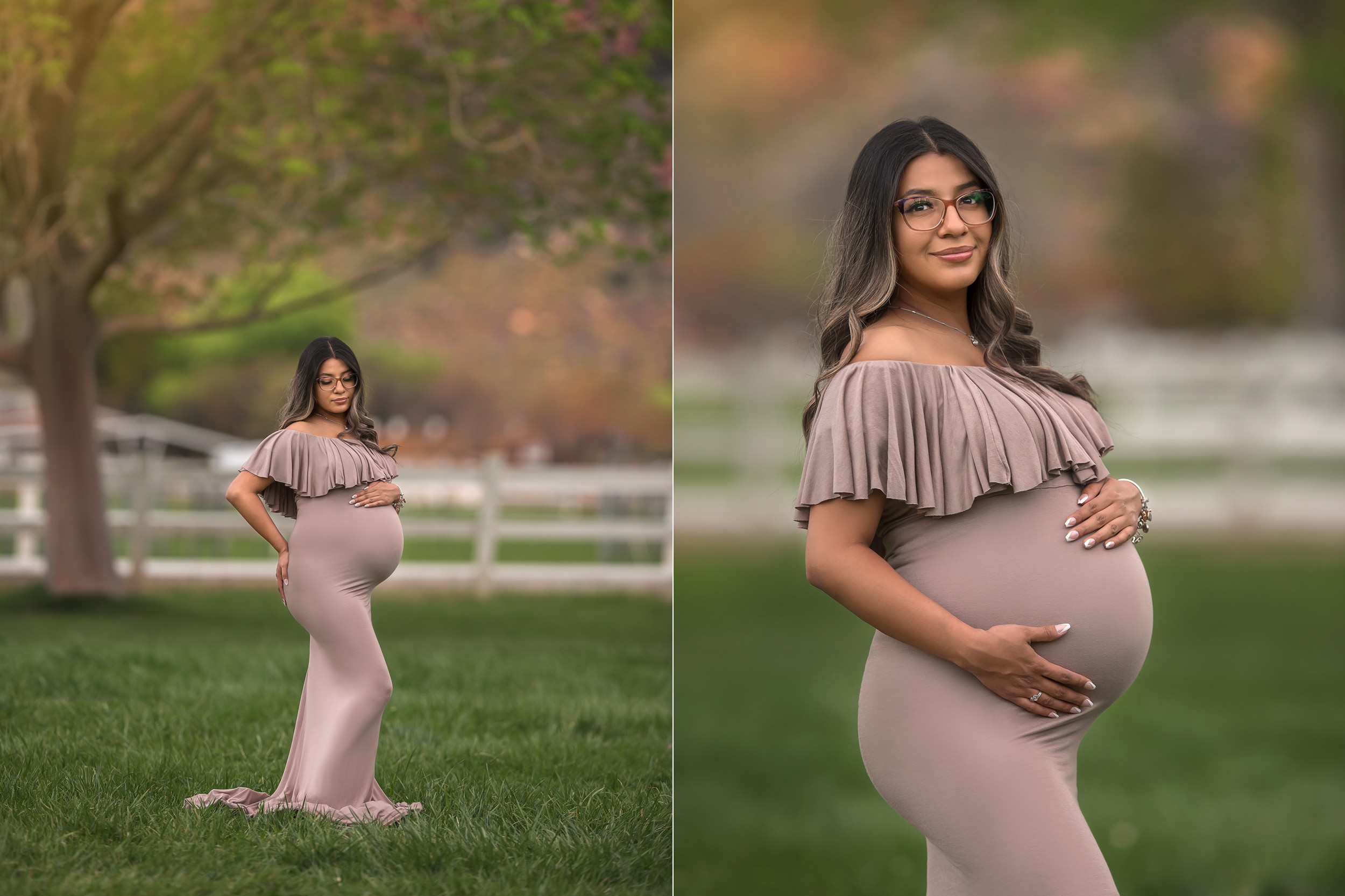 expecting mother poses in mocha gown from Sew Trendy Accessories 